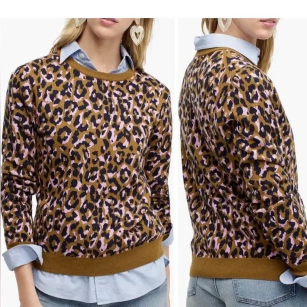 J. Crew Leopard Print Crewneck Sweater in Mod Leopard Bronzed Moss Pink Wool
